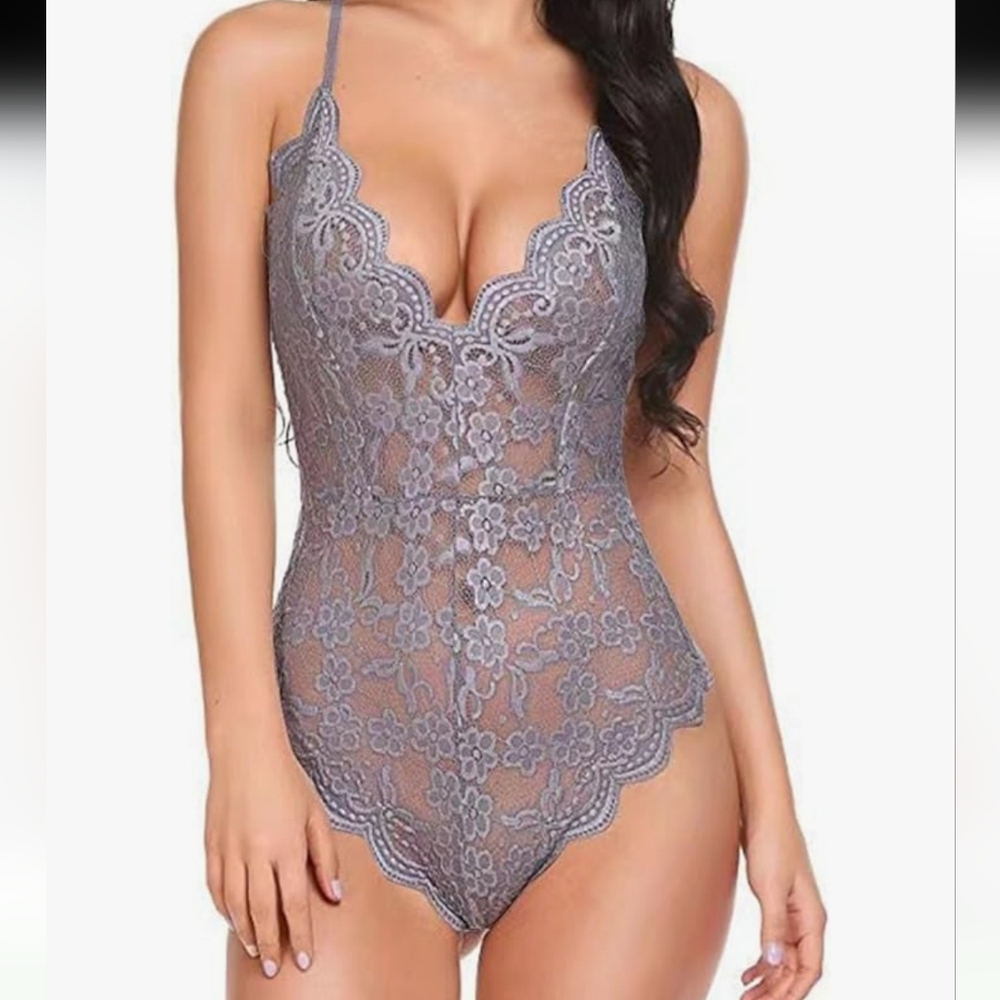 Elegant Gray Deep V Lace Shapewear Bodysuit Sleepwear Lingerie.  Size XXL
